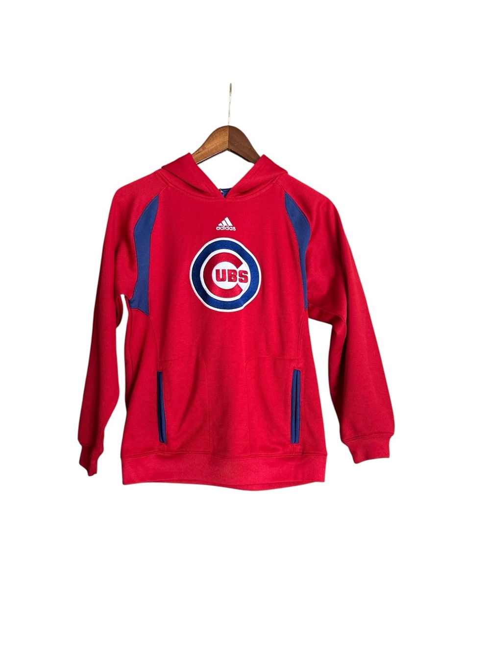 Adidas’s Red Chicago Cubs Hooded Sweatshirt with Blue Accents